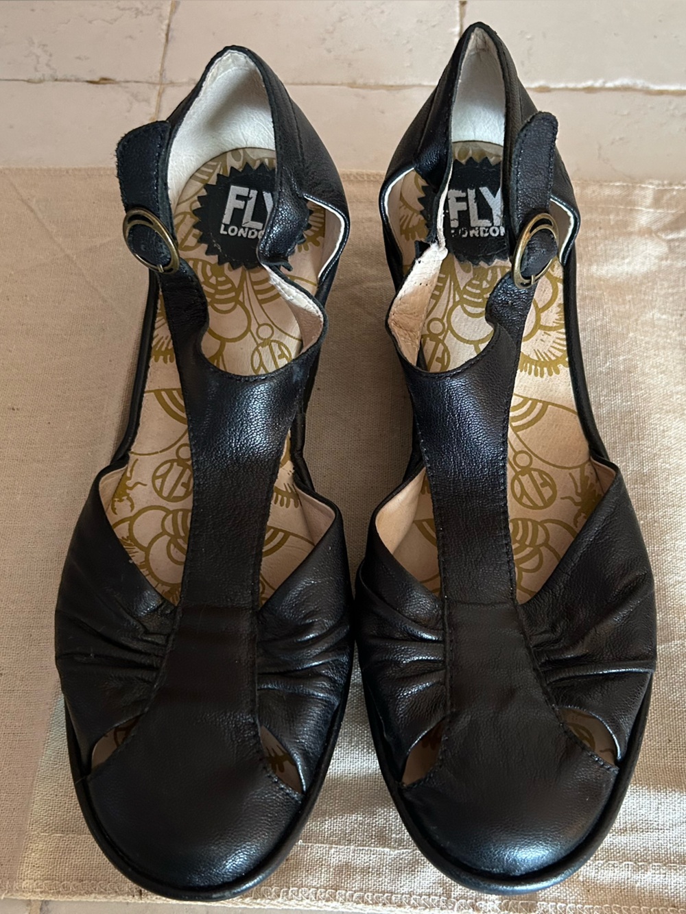 Fly London Black Leather T-Strap Heels with Buckle